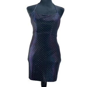 Women's Black Y2K Sparkle Dot Halter Neck Bodycon‎ Mini Dress Size 2
